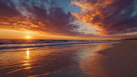Beautiful sunset on the beach. Colorful sky with clouds.の写真素材