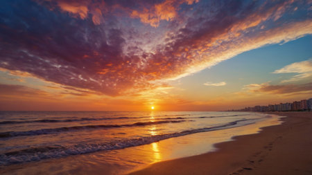 Beautiful sunset on the beach. Panoramic view of the sea and the sky.の写真素材