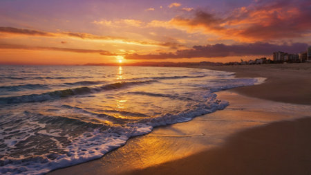 Beautiful sunset on the beach in Costa Brava, Catalonia, Spainの写真素材