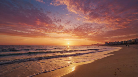 Beautiful sunset on the beach. Panoramic view of the sea.の写真素材