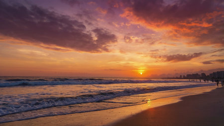 Beautiful sunset on the beach. Panoramic view of the beach at sunset.の写真素材