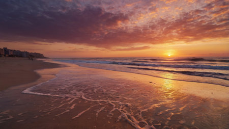 Beautiful sunset on the beach of the Atlantic Ocean in Portugal.の写真素材
