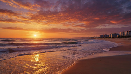 Beautiful sunset on the beach. Panoramic view of the beach.の写真素材