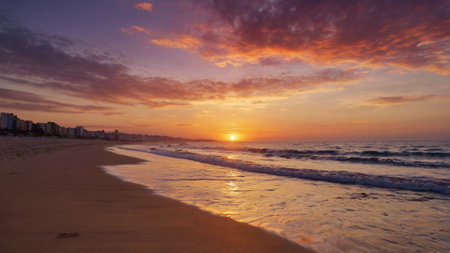 Beautiful sunset on the beach in Algarve, Portugal.の写真素材