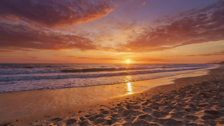 Beautiful sunset on the beach. Panoramic view of the sea and sand.の写真素材