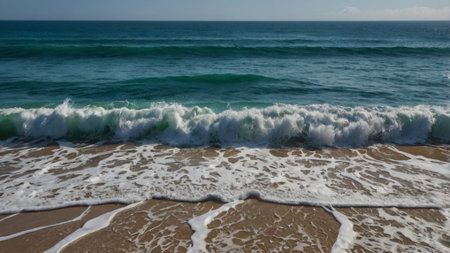 Beautiful view of the ocean and waves on the sandy beach.の写真素材