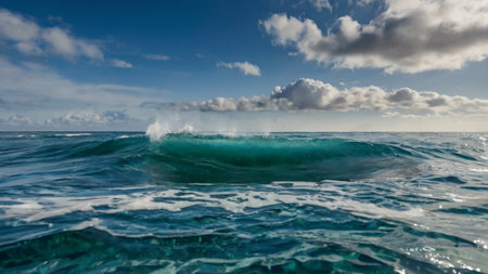 Turquoise ocean wave and blue sky with white clouds, Seychellesの写真素材
