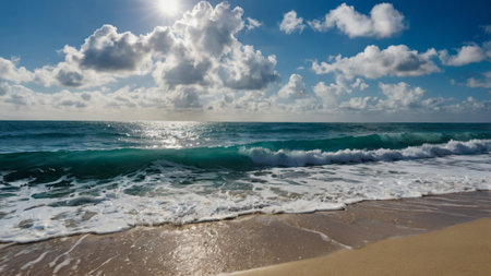 Beautiful seascape with waves and blue sky. Panorama