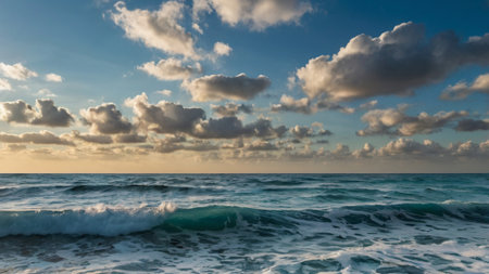 Seascape with waves and clouds at sunset. Panoramic view.の写真素材