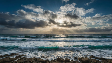 Beautiful seascape. Dramatic sky with stormy clouds.
