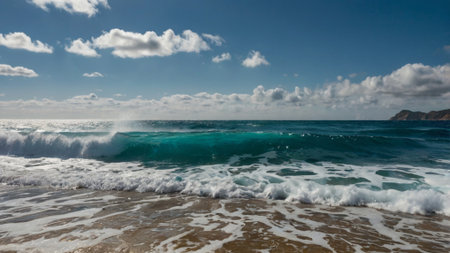 Beautiful seascape with turquoise ocean waves on sandy beachの写真素材