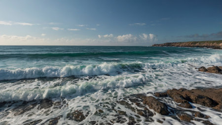 Panoramic view of the ocean waves breaking on the rocks.の写真素材