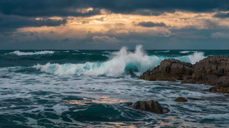 Stormy waves breaking on the rocky coast of Atlantic ocean at sunsetの写真素材