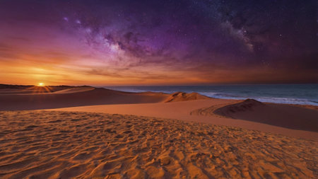 Milky way over sand dunes in Corralejo, Fuerteventura, Canary Islands, Spainの写真素材