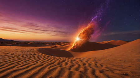 Dunes and milky way in the desert at sunset. 3d renderingの写真素材