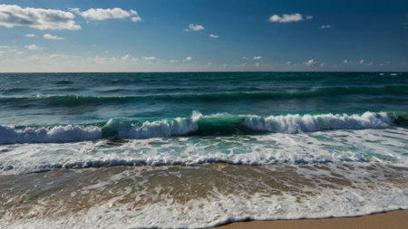 beautiful seascape on a sunny day with waves and blue skyの写真素材