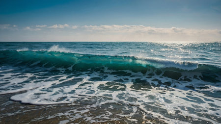 Beautiful seascape with waves and blue sky. Panoramaの写真素材