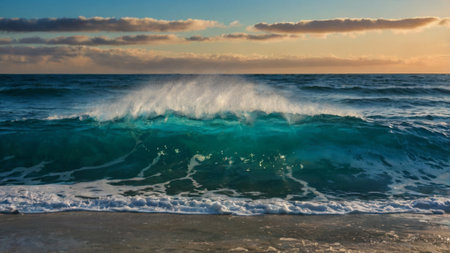 Waves breaking on the beach at sunset. Beautiful natural background.の写真素材