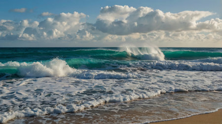 Waves on the beach of the Caribbean island of Barbados.の写真素材