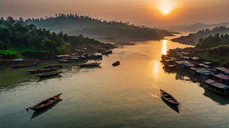Aerial view of fisherman boats on the river at sunsetの写真素材