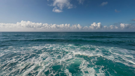 Waves of the sea and blue sky with clouds in the backgroundの写真素材