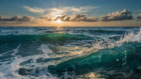 Waves breaking on the shore of the Mediterranean Sea at sunset.の写真素材