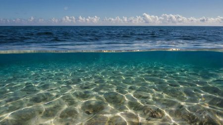 Clear water in the sea with white sand and blue sky background.の写真素材