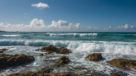 Seascape with waves breaking on the rocks and turquoise water