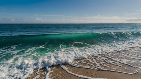 Panorama of the sea and sand beach with waves on a sunny dayの写真素材