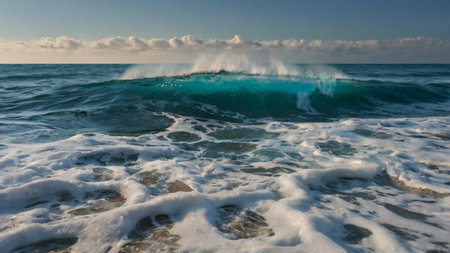 Ocean wave splashing on sandy beach with turquoise water.