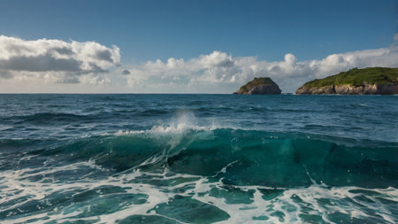 ocean waves and islands in the background, Seychellesの写真素材