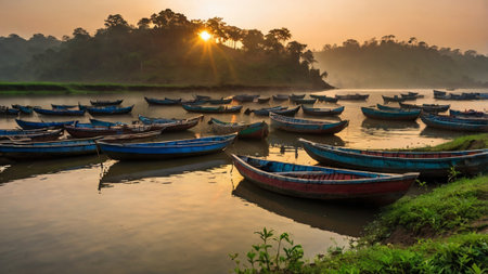 Fishing boats on the Mekong river at sunrise, Vietnam.