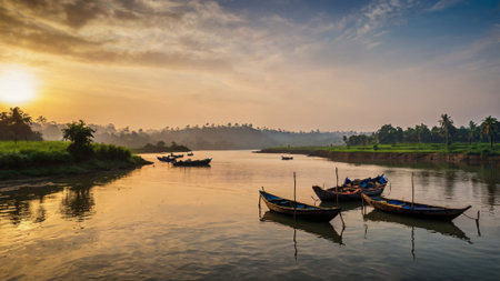 Fishing boats on the river at sunset.の写真素材