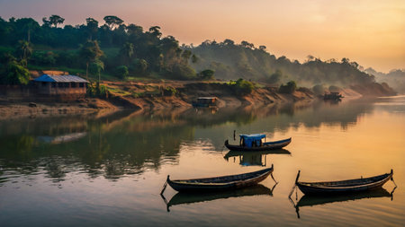 Boats on a river in the morning.の写真素材