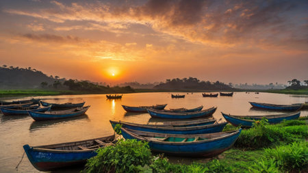 Fishing boats on the banks of the river at sunset