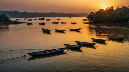 Fishing boats on the Mekong River in Laos at sunset.の写真素材