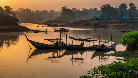 Fishing boats on the river at sunset.の写真素材