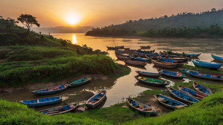 Fishing boats on the river bank at sunsetの写真素材
