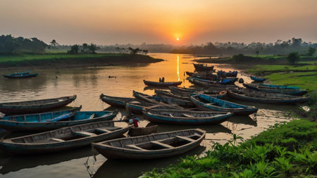 Fishing boats on the bank of the river at sunsetの写真素材