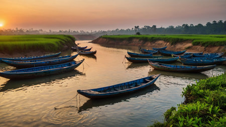 Fishing boats on the rice fields at sunset, Sri Lanka.