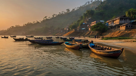 Fishing boats on the bank of the river at sunsetの写真素材