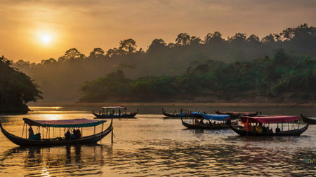 Fishing boats on the river at sunset.