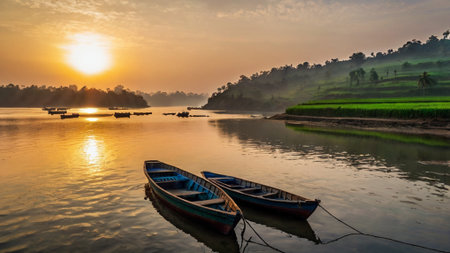 Fishing boats on the river in the morning at sunrise