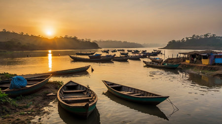 Fishing boats on the banks of the river at sunsetの写真素材