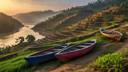 Fishing boats on rice terraces in the morning at sunrise.の写真素材