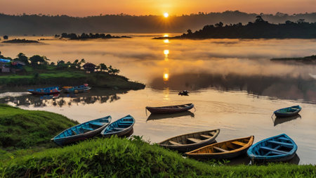 Fishing boats on the lake at sunrise, Chiang Mai, Thailandの写真素材