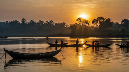 Fishermen on the river at sunset in Amarapura, Myanmarの写真素材