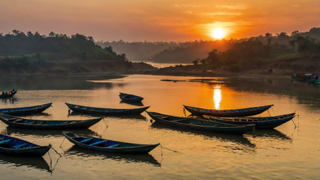 Fishing boats on the Mekong river at sunset, Laos.の写真素材