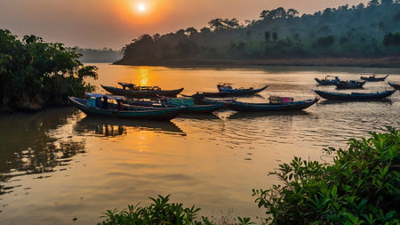 Fishing boats on the river at sunset.の写真素材