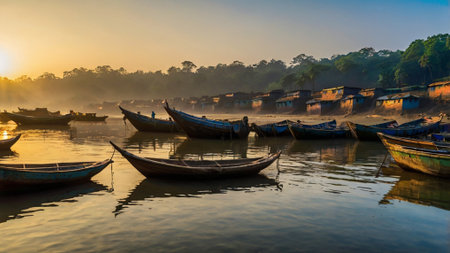 Fishing boats on the river at sunrise in morning time, Indiaの写真素材